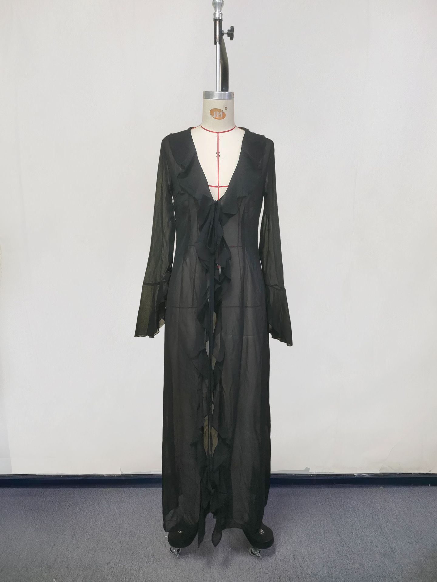 Womens Clothing Beachwear Dress, Black White V Neck, Ruffled Long Sleeve Sunscreen Cover Dress