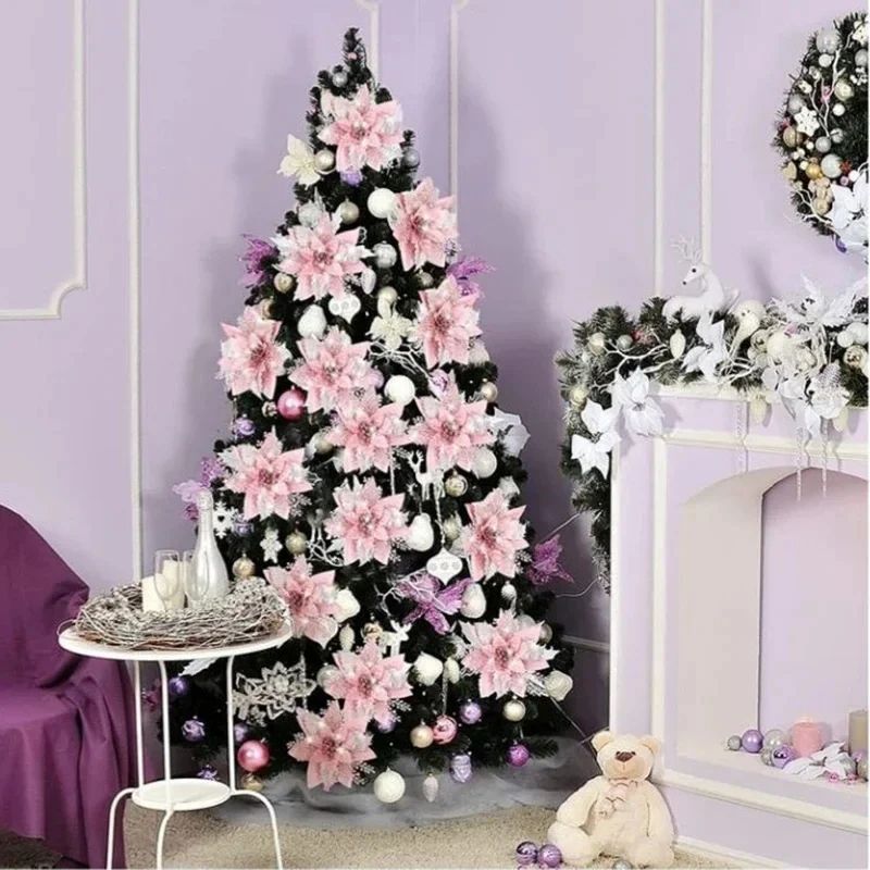 Glitter Pink Poinsettia Christmas Tree Flowers Set 5pcs