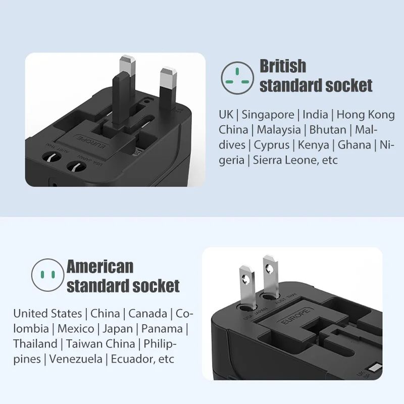Global Universal Travel Plug Adapter with USB Sockets, AC Power Converter Featuring Child Safety Lock & Protective Cover