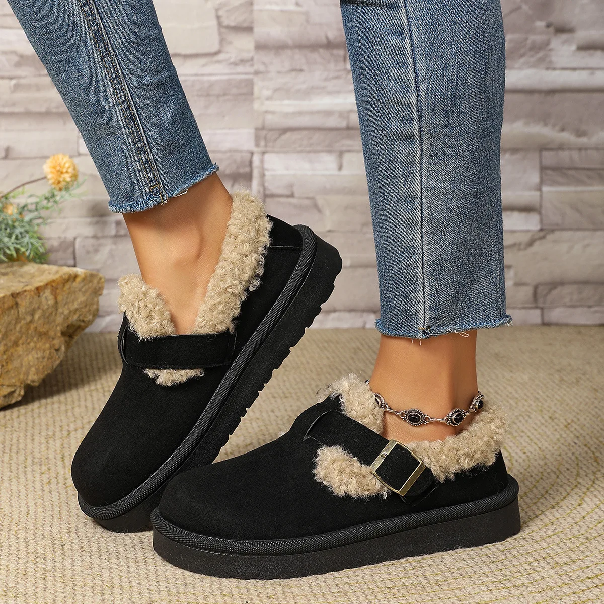Fleece Lined Bean Bean Fur Boots Casual Shoes Thickened Snow Boots Rubber Bottom Round Toe Korean Style Winter Boots