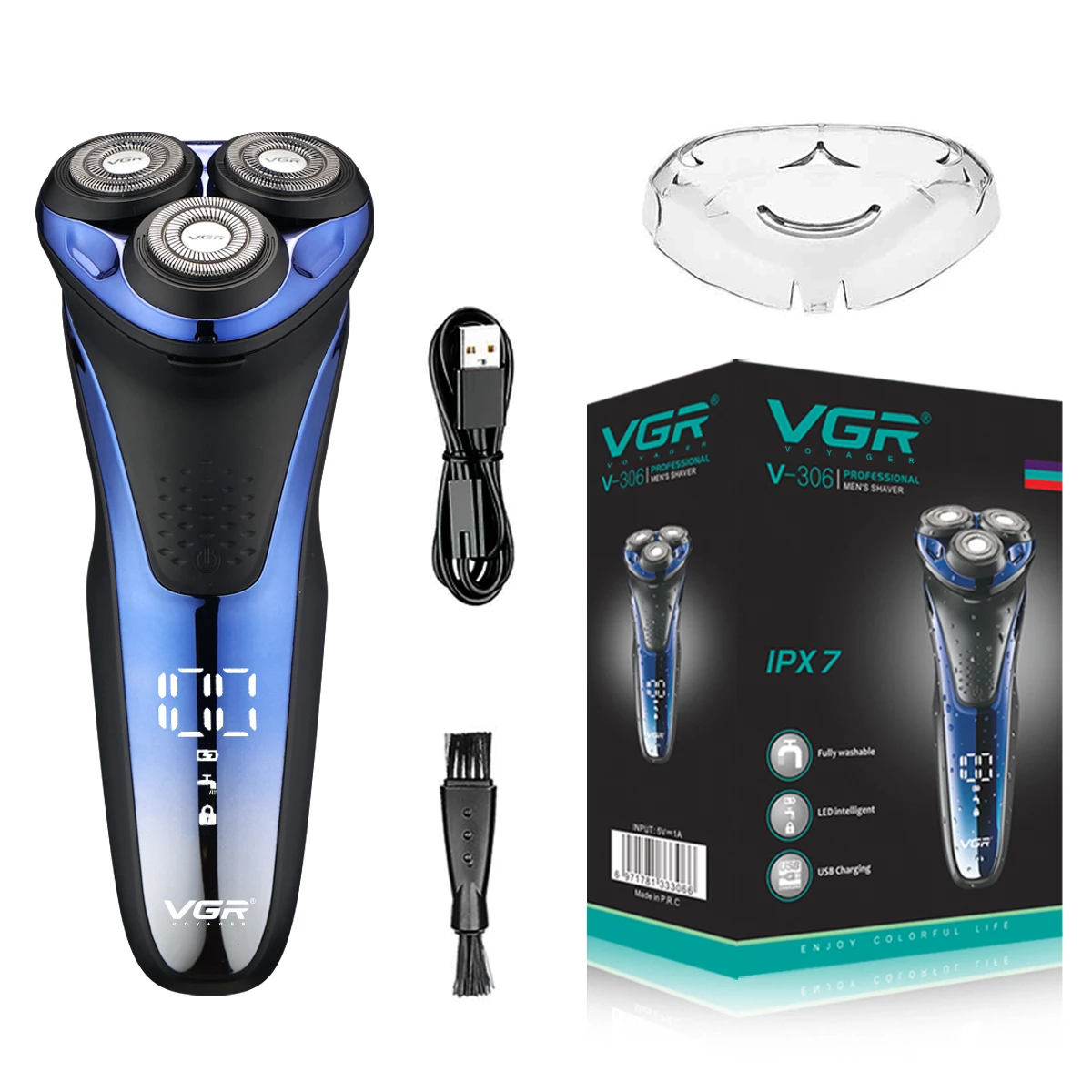 Waterproof Rotary Electric Shaver with Pop Up Trimmer and LED Display