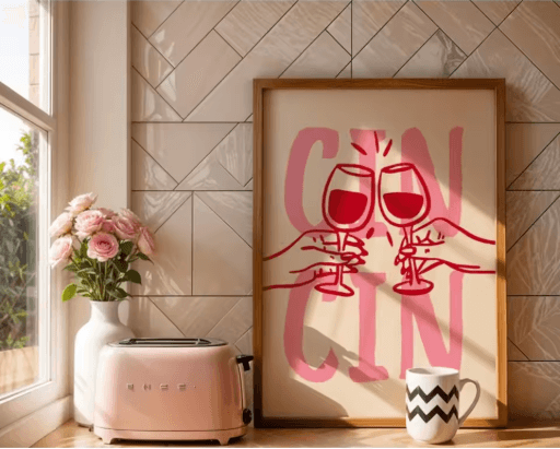Cin Cin Cheers Cocktail Wall Art Pink Italian Food & Happy Hour Kitchen Print
