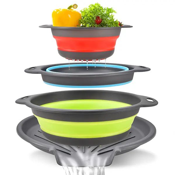 Foldable Collapsible Colander Set with Self-Draining Base – Space-Saving Vegetable & Fruit Washing Baskets (3/4 PCS)