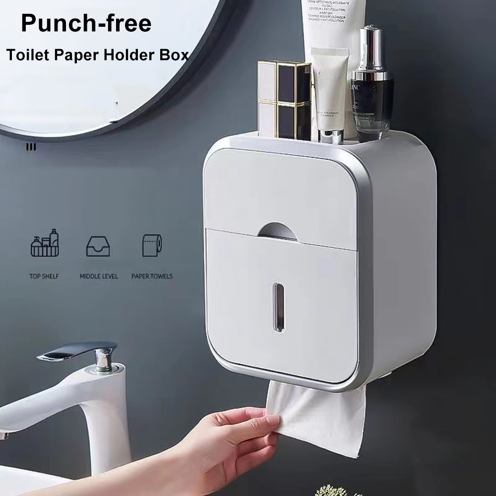 Waterproof Toilet Paper Storage Box Organizer, High Capacity, Dust-proof, Punch-free Wall Mounted for Bathroom Home