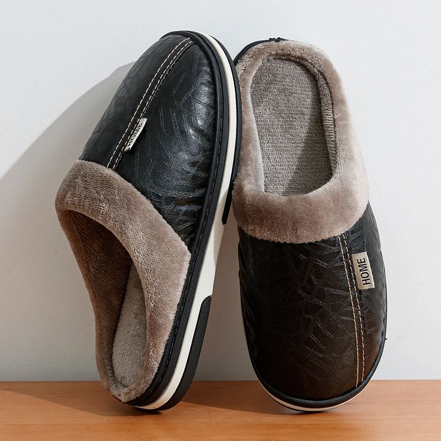 Mens Winter PU Leather Fur Lined Home Slippers