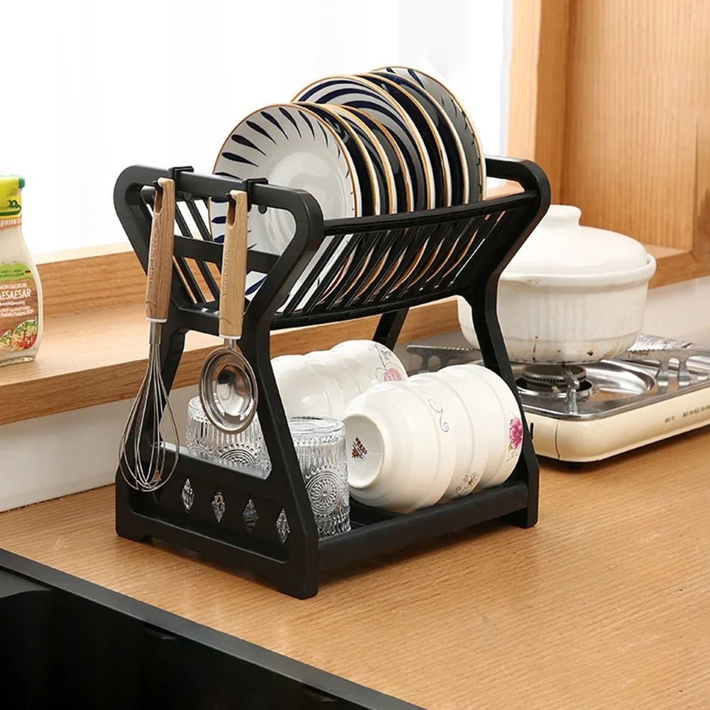 Double Layer Kitchen Dish Rack with Drain Tray and Bowl Organizer