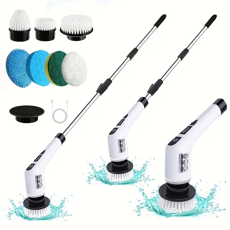 Electric Cleaning Brush, Cordless Rotating Scrubber with Brush Heads and Adjustable Extension Handle for Household