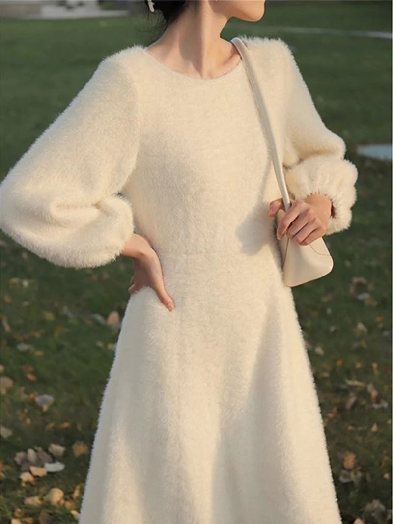 Womens Plush White Sweater Dress Long Sleeve Elegant Winter Knit Dress
