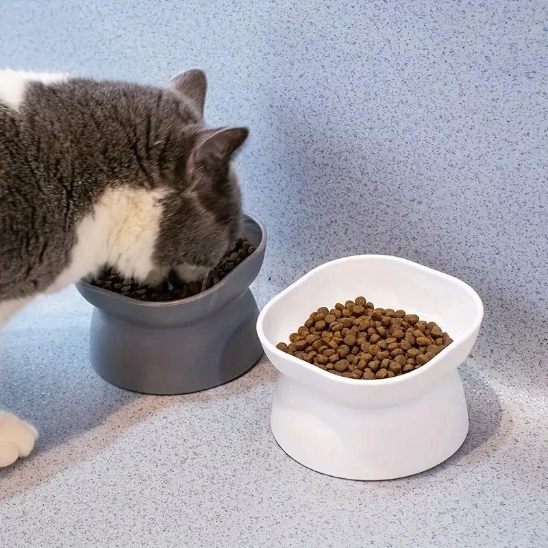 Classic Neck Protection & Anti-Rollover Cat Bowl, Elevated High-Foot Plastic Pet Tableware with Large Opening