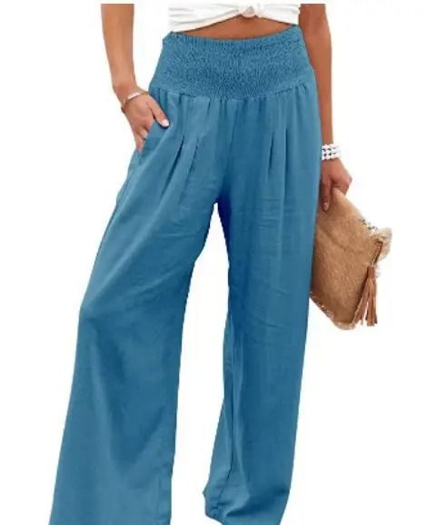 Women Drawstring Wide Leg Casual Pants Mid Waist Beach Trousers