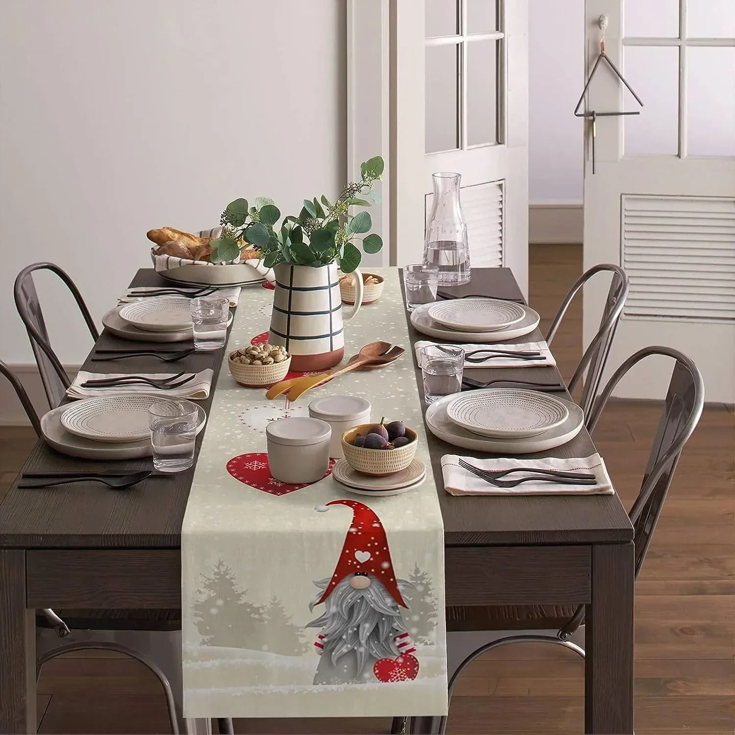 Christmas Gnome & Love Heart Linen Table Runner | Snowflake Holiday Dresser Scarf