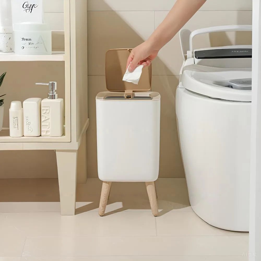Nordic Clamshell Trash Can with Wood-Grain Lid – Press-Top Odor-Control Garbage Bin