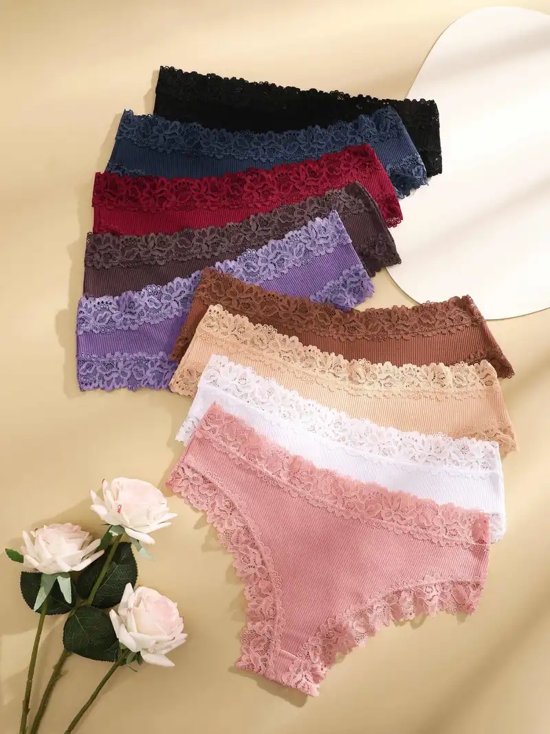 Women Cotton Panties, Floral Lace Intimate Underwear, Trendy Patchwork Briefs & Soft Underpants