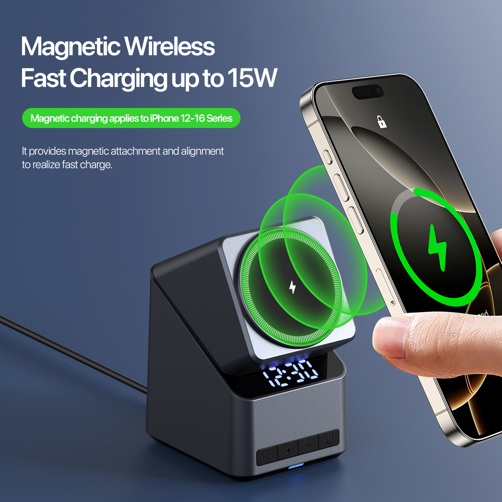 Auto Rotation Magnetic 4 in 1 Wireless Charger with Clock, iPhone, Apple Watch, AirPods