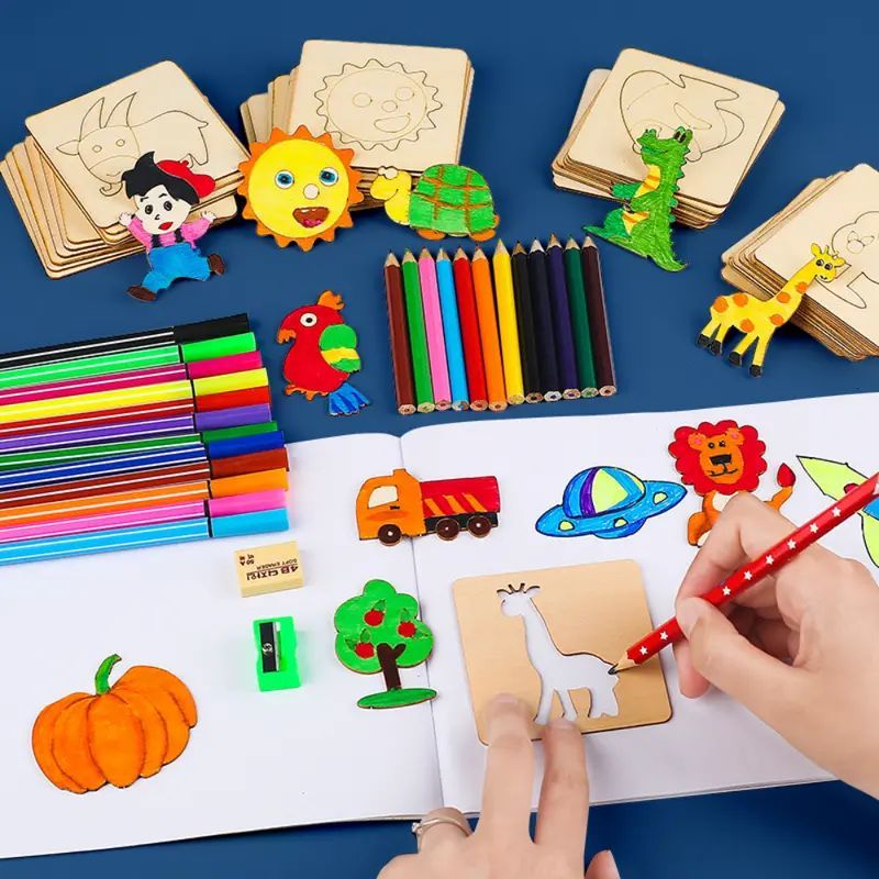 Wooden DIY Drawing Template Set with Markers - Kids' Drawing Tool for Creative Designs