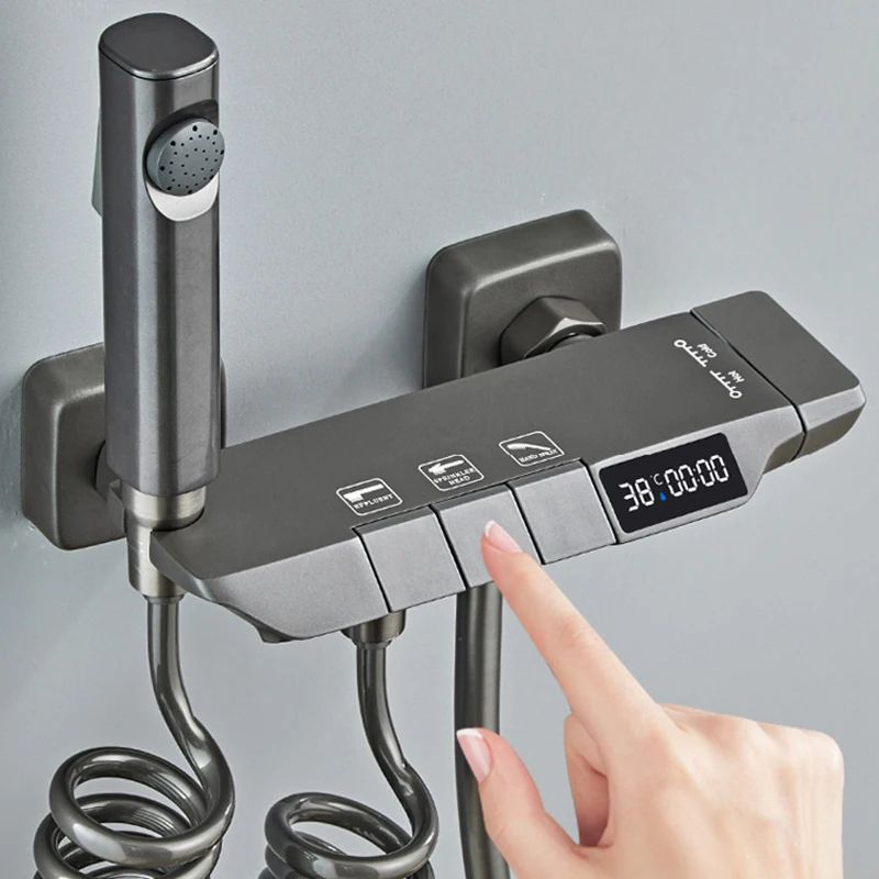 Modern Grey Piano-Key Digital Display Shower System – 2-Way Wall Mounted Shower Set with Tub Spout