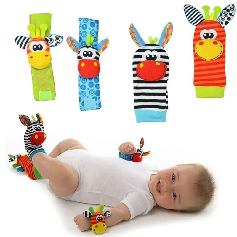 Newborn Infant Kids Animal Sock and Wrist Strap Rattle Foot Finder Toy Set 0-36 Months