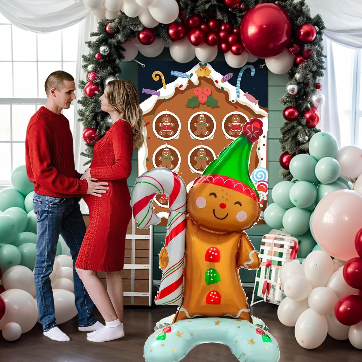 Gingerbread man themed, base wearing green hat, aluminum film balloons, Christmas party decoration balloons
