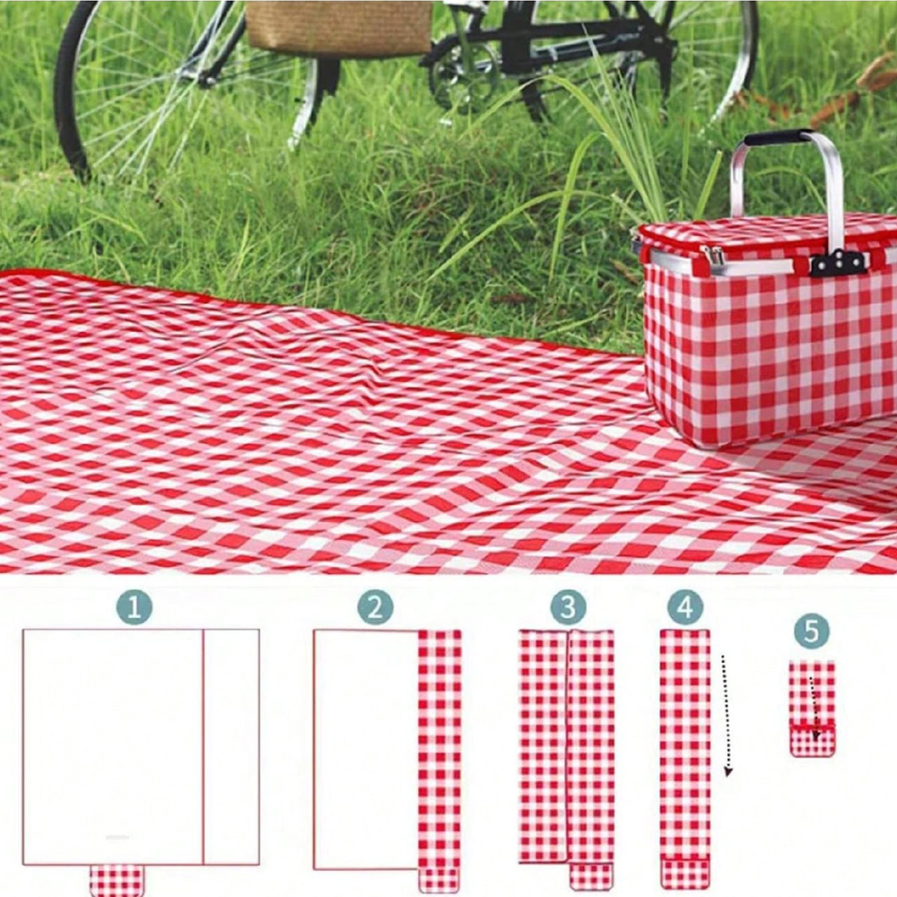 Portable Waterproof Picnic Blanket Foldable Beach Mat with Handle Red Checkered