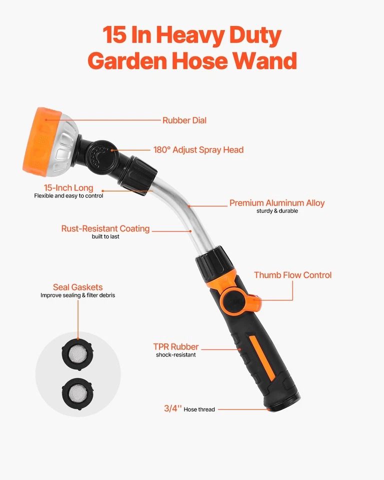 Heavy Duty Garden Hose Watering Wand with Spray Patterns & Swivel Head