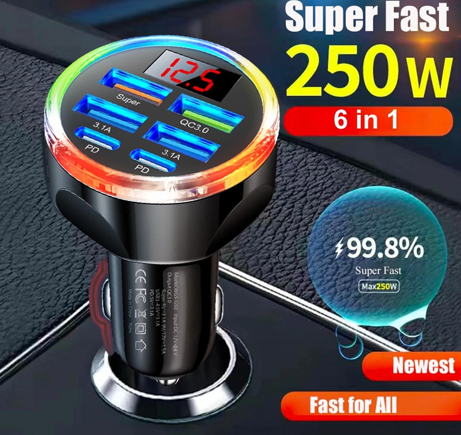 6 in 1 Dual PD USB C Super Fast Car Charger