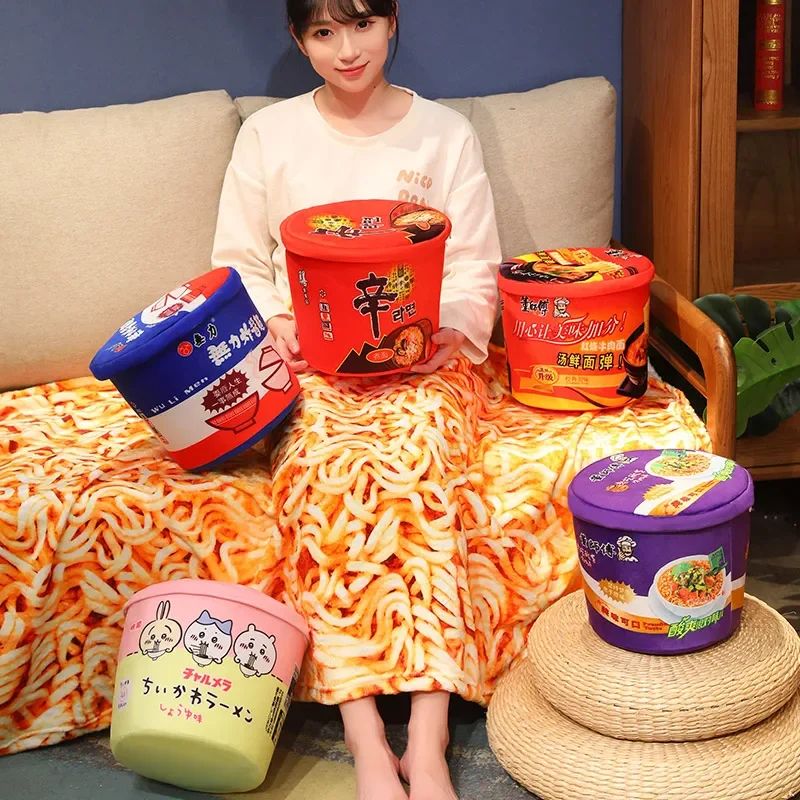 Bucket Instant Noodles Plush Pillow with Hidden Blanket – Ramen Stuffed Cushion Gift