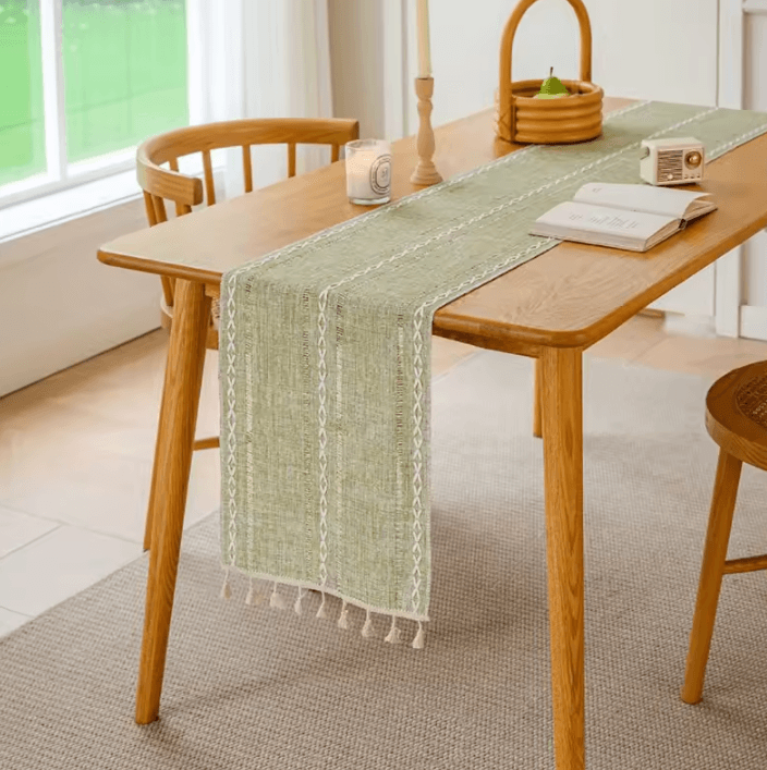 Boho Green Table Runner with Tassels – Rustic Cotton Linen Farmhouse Dining Decor
