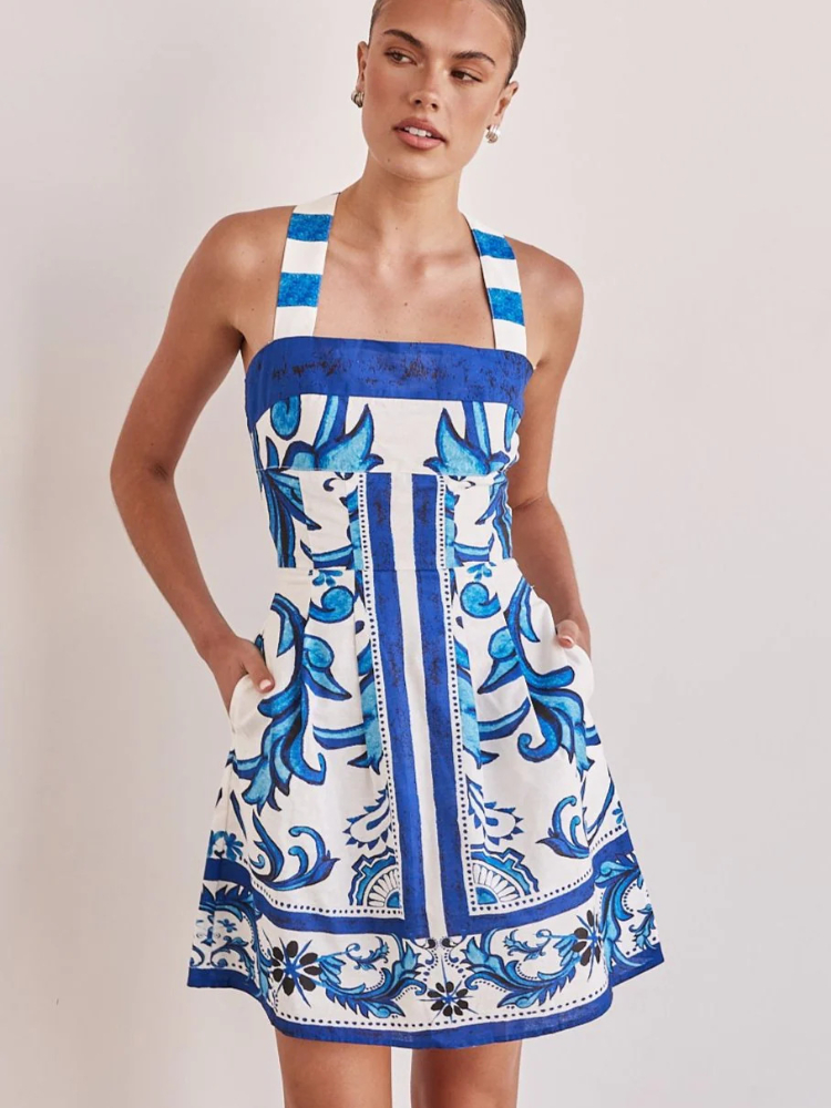 Short Vacation Strap Color Blocked Dress, Elegant New Printed Bohemian Dress