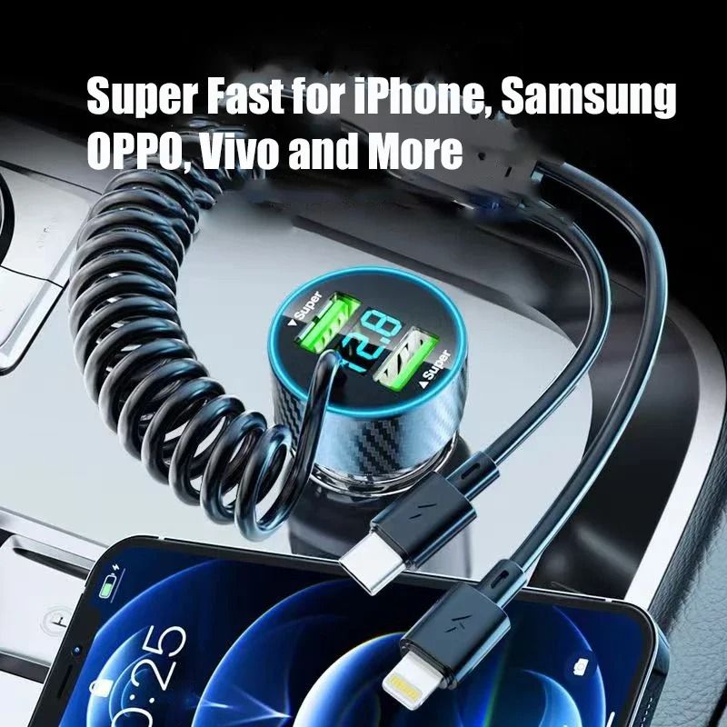 4-in-1 Retractable USB Car Charger Adapter – Super Fast Charge with LED Voltage Monitor for iPhone & Samsung