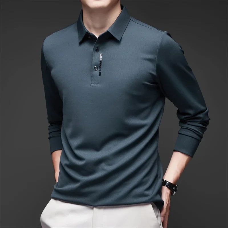 Men's Solid Polo Shirt – Long Sleeve Business Casual Polo with Badge, Anti-Wrinkle Breathable Shirt