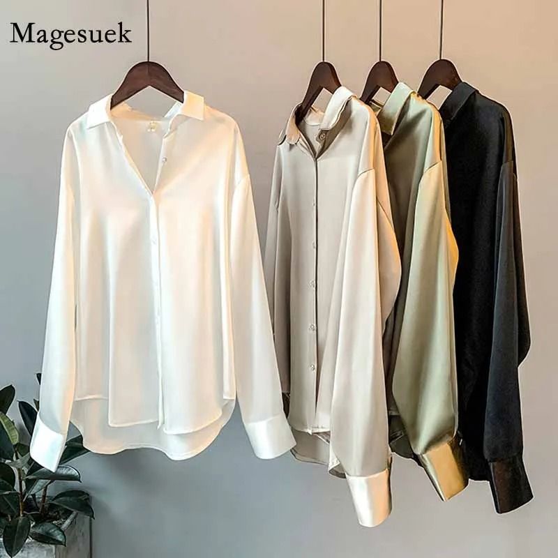 Vintage Satin Silk Button-Up Shirt – Elegant White Long Sleeve Blouse for Spring Fashion