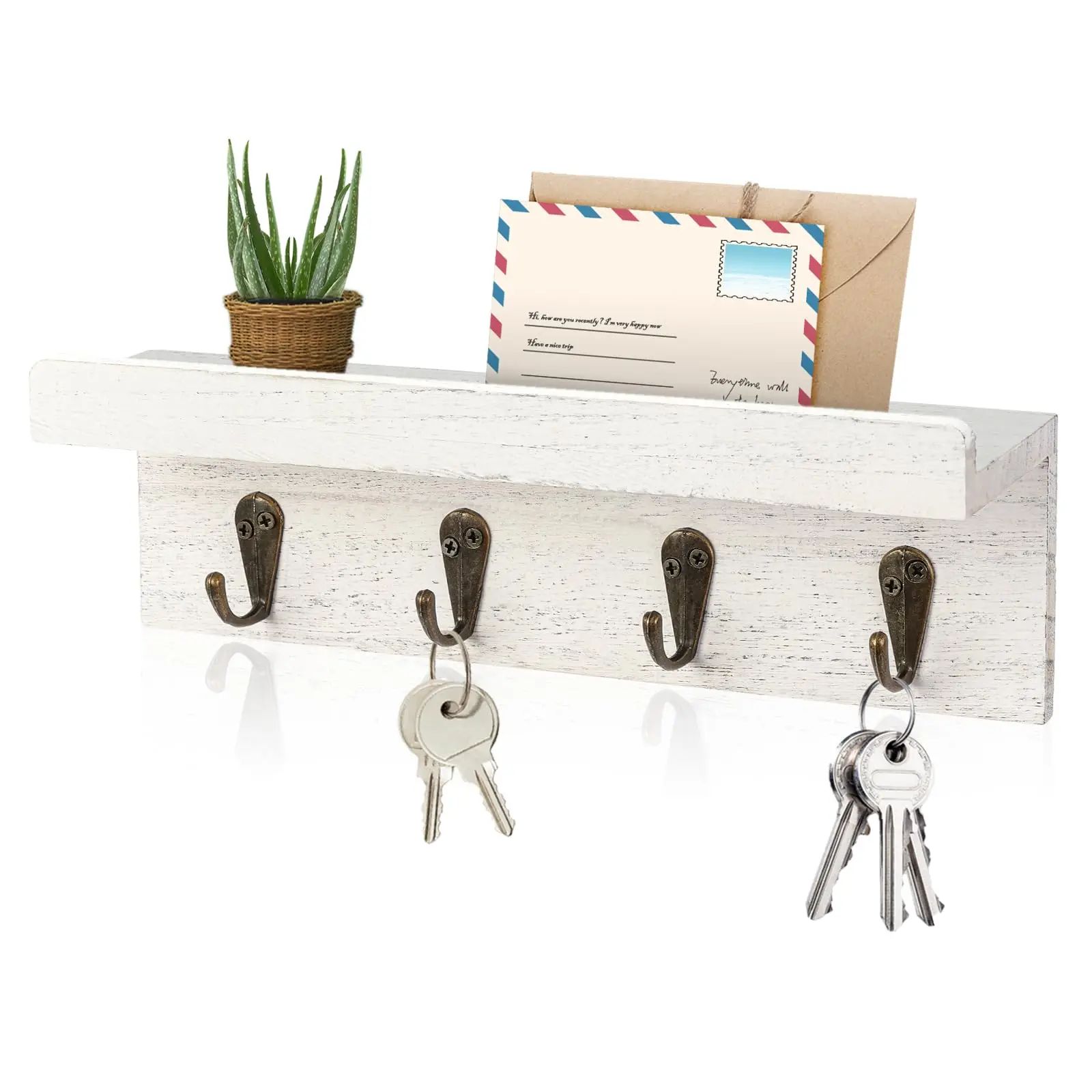 Farmhouse Rustic Wood Key Holder Wall Shelf with Hooks