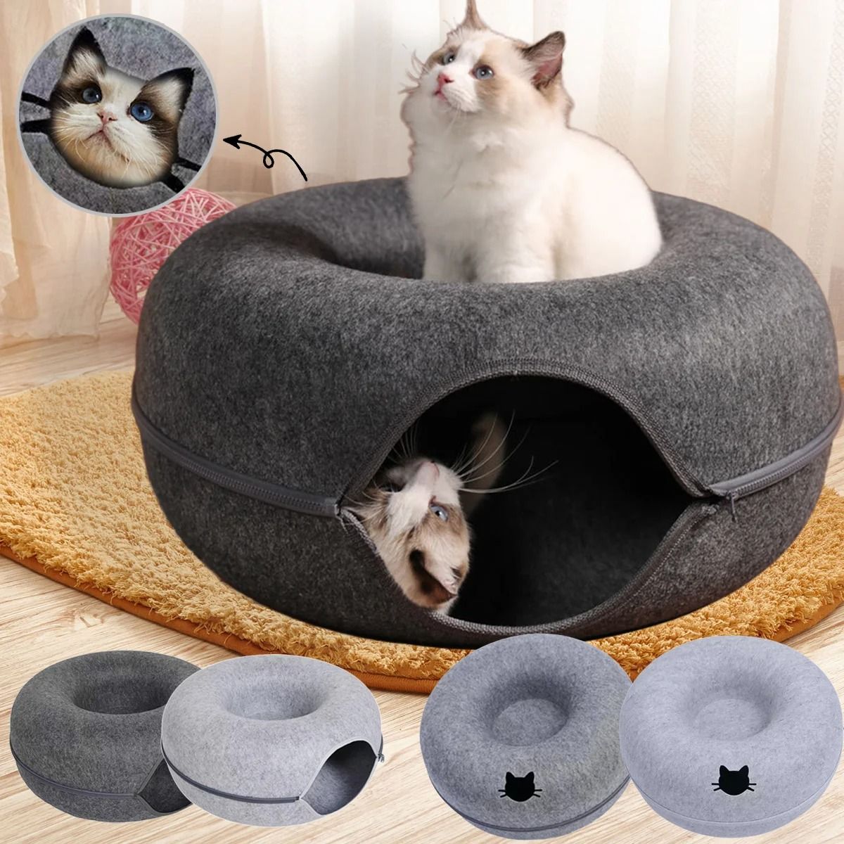 Felt Donut Pet Bed with Tunnel 2 in 1 Hideout Cat House