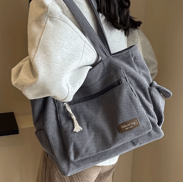 Corduroy Tote Bag with Multi Pockets Large Everyday Casual Shoulder Bag for Women