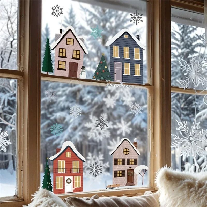 Christmas Houses Window Stickers Removable Holiday Glass Decals for Home Decoration