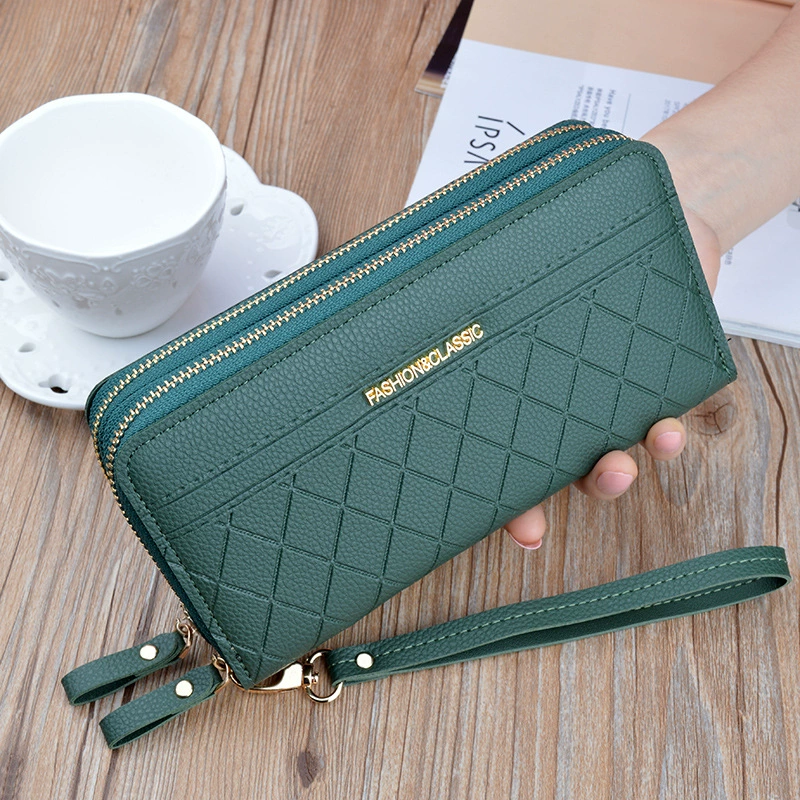 Womens PU Leather Double Zipper Wallet Clutch Large Capacity Wristlet Phone Purse & Card Holder with Money Clip
