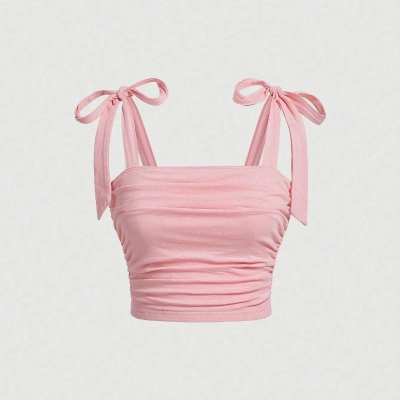 Solid Tie Shoulder Ruched Crop Cami – Y2K Backless Bow Streetwear Top