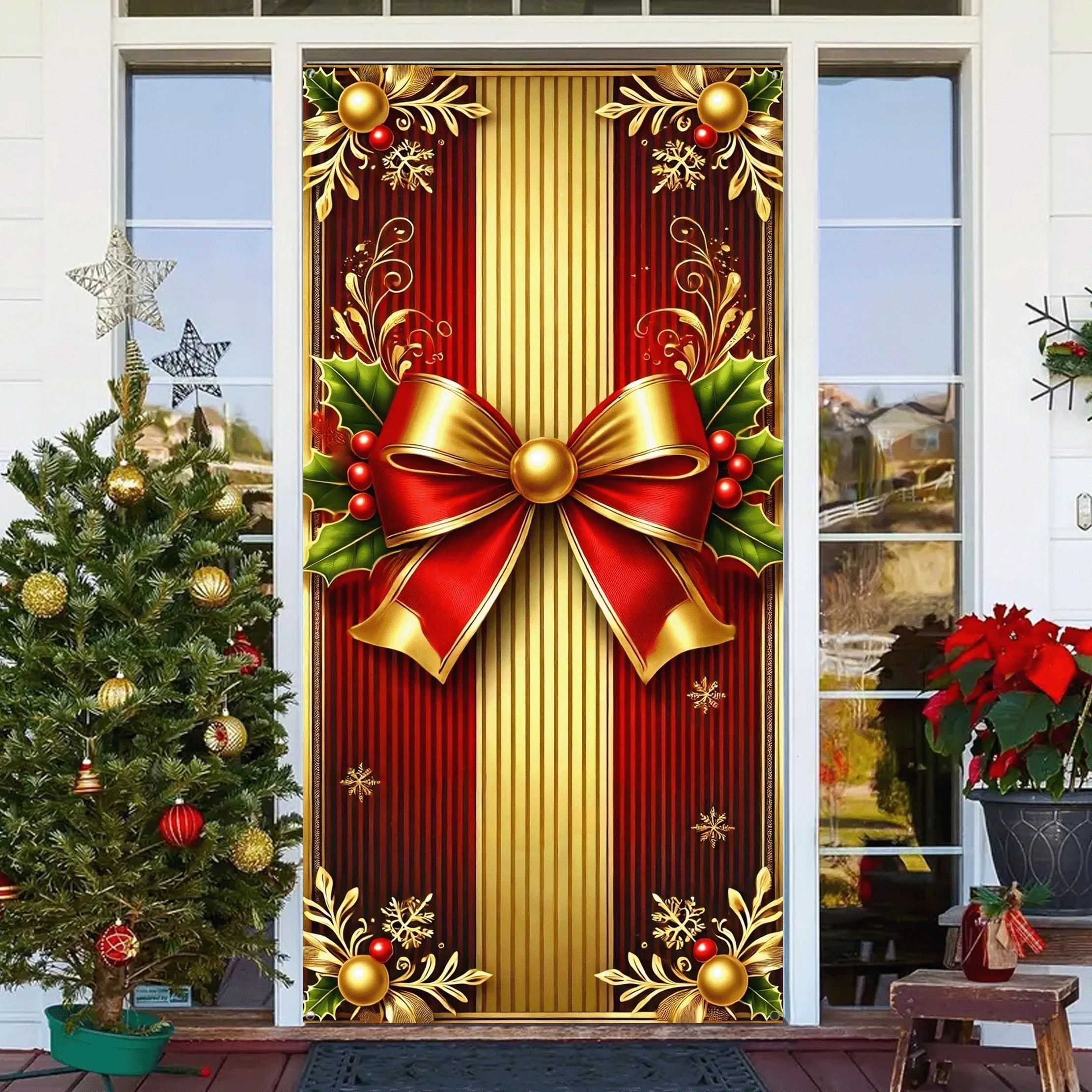 Red Gold Christmas Door Cover Banner with Bows Decor