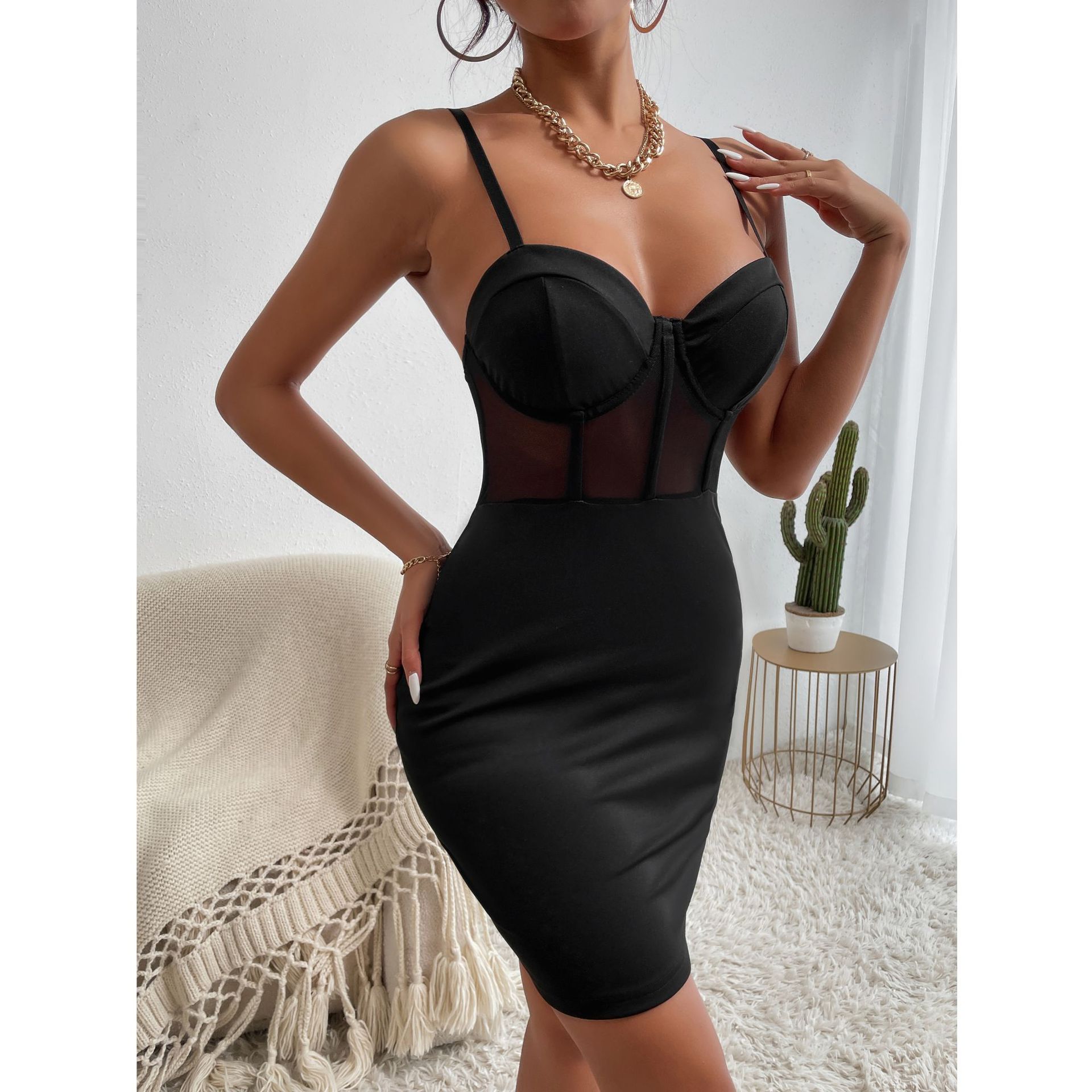 Y2K Sexy Club Party Dress, Women's Hollowing Mesh See-Through Slim Nightclub Wear with Fishbone Halter, Sheer Hip Skirt