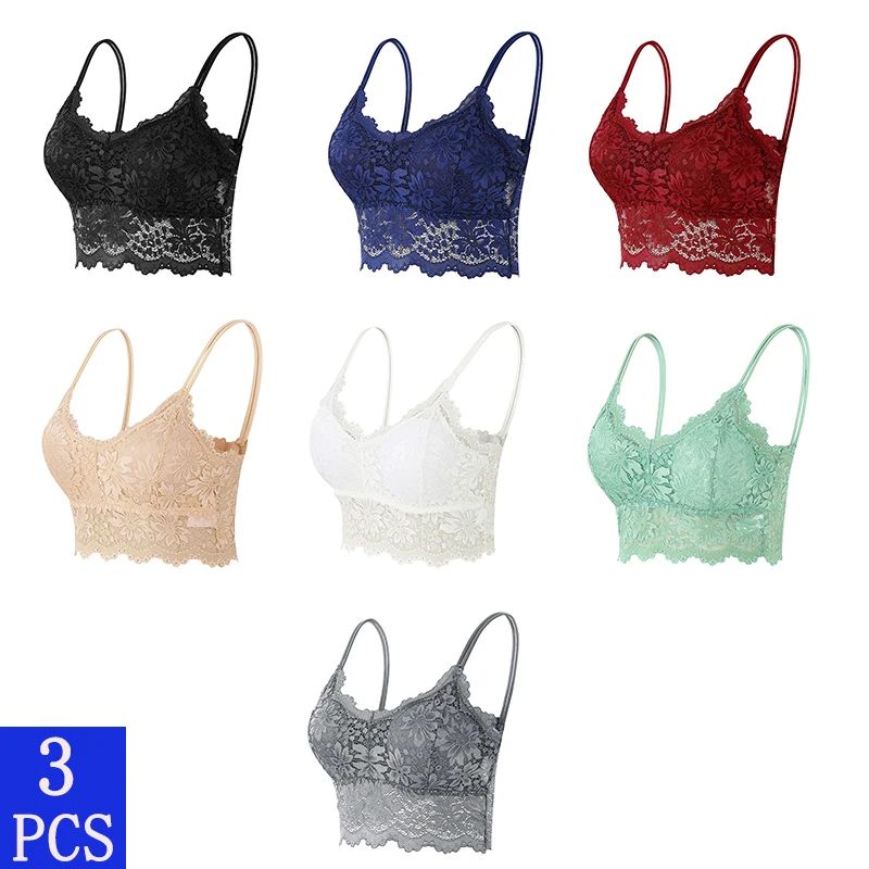 3Pcs ComfortLace Wireless Seamless Bralette Set – Padded Lace Push-Up Vest Bras