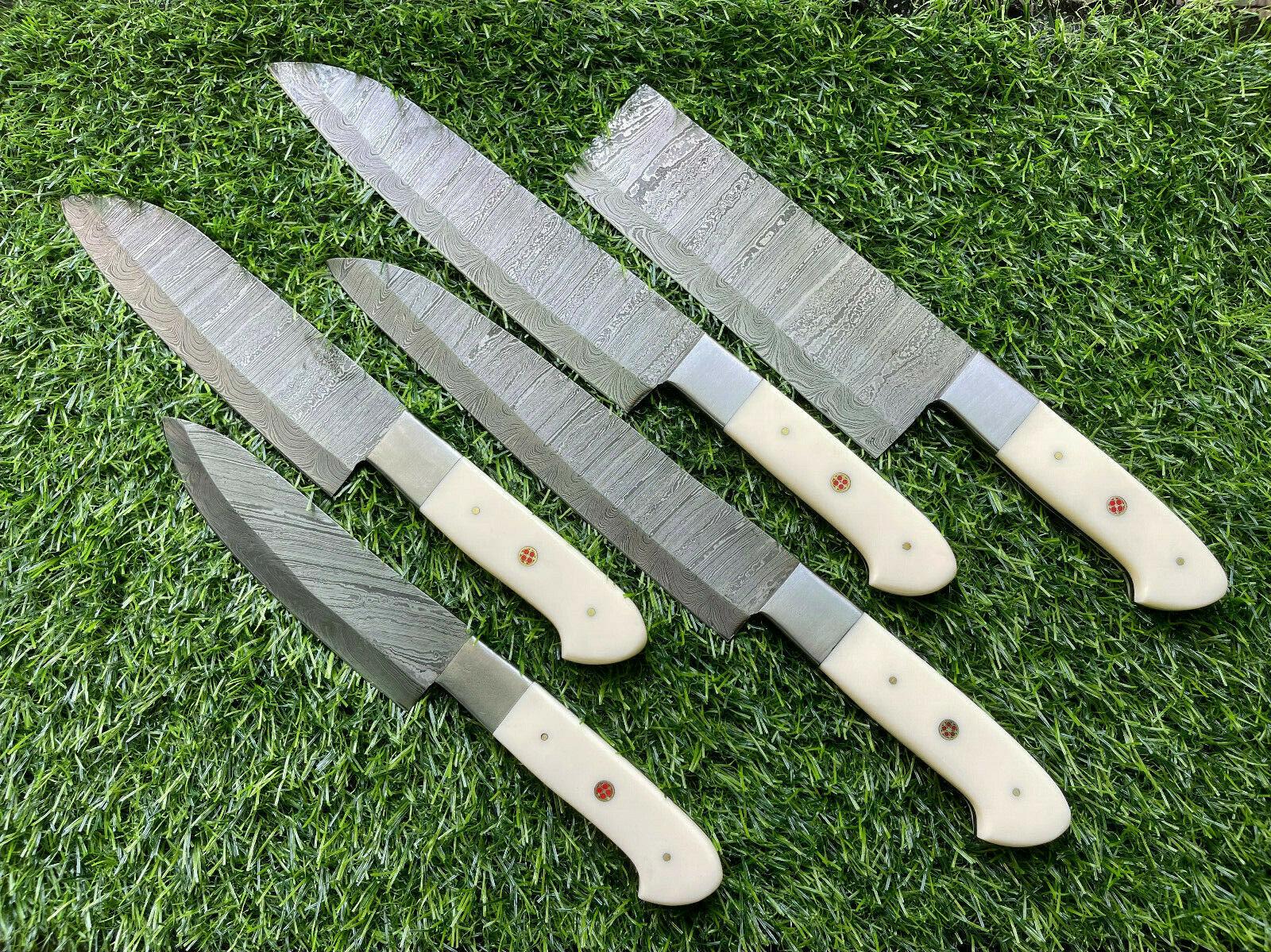Damascus Steel Kitchen Knives – Handmade 5 Piece Chef Set