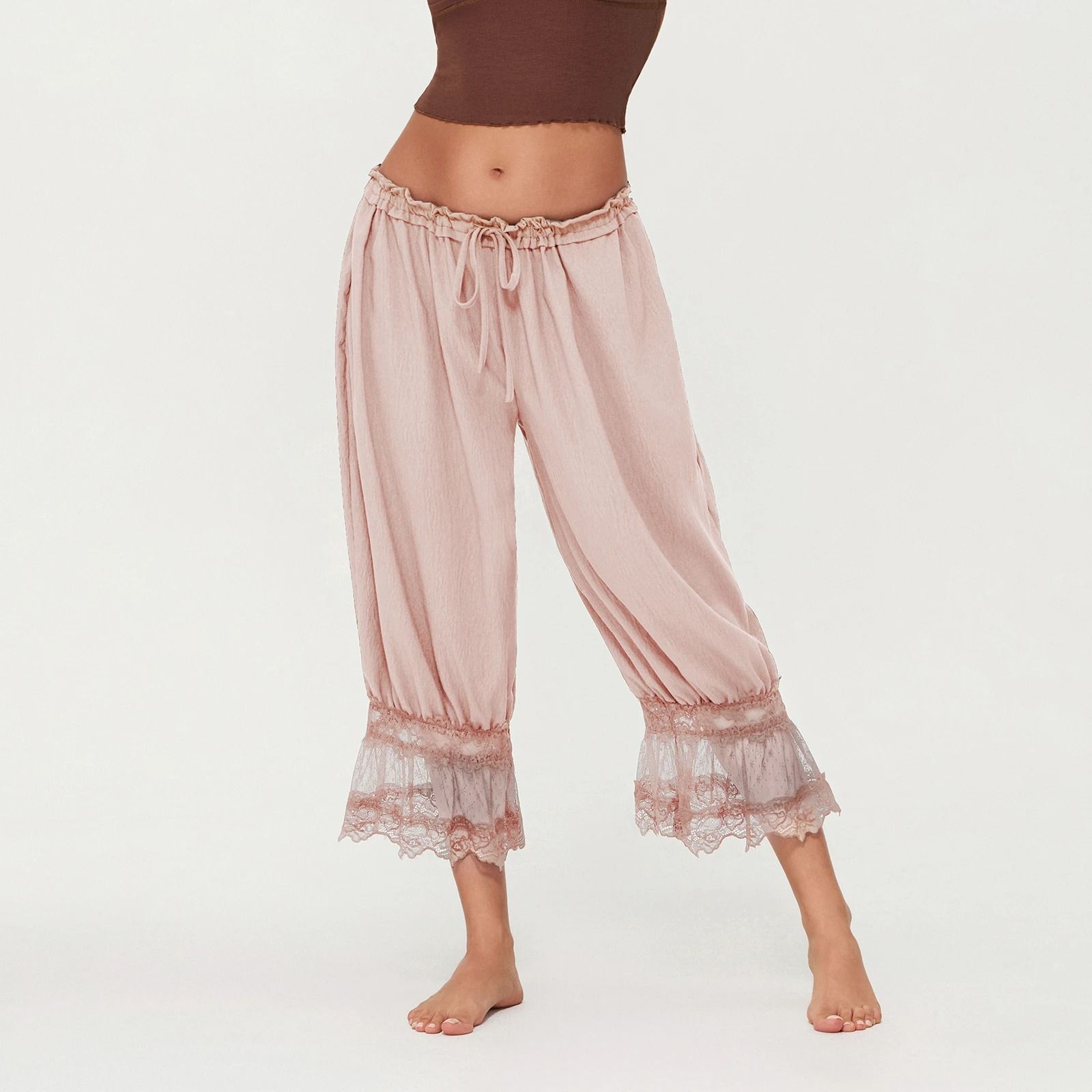 Womens High Waist Cropped Bloomers with Lace Detail and Drawstring Fit