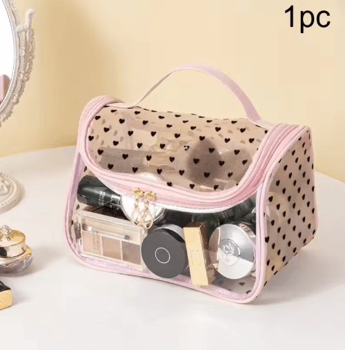 Large-Capacity Heart Mesh Makeup Bag – Frosted Transparent Cosmetic Travel Pouch