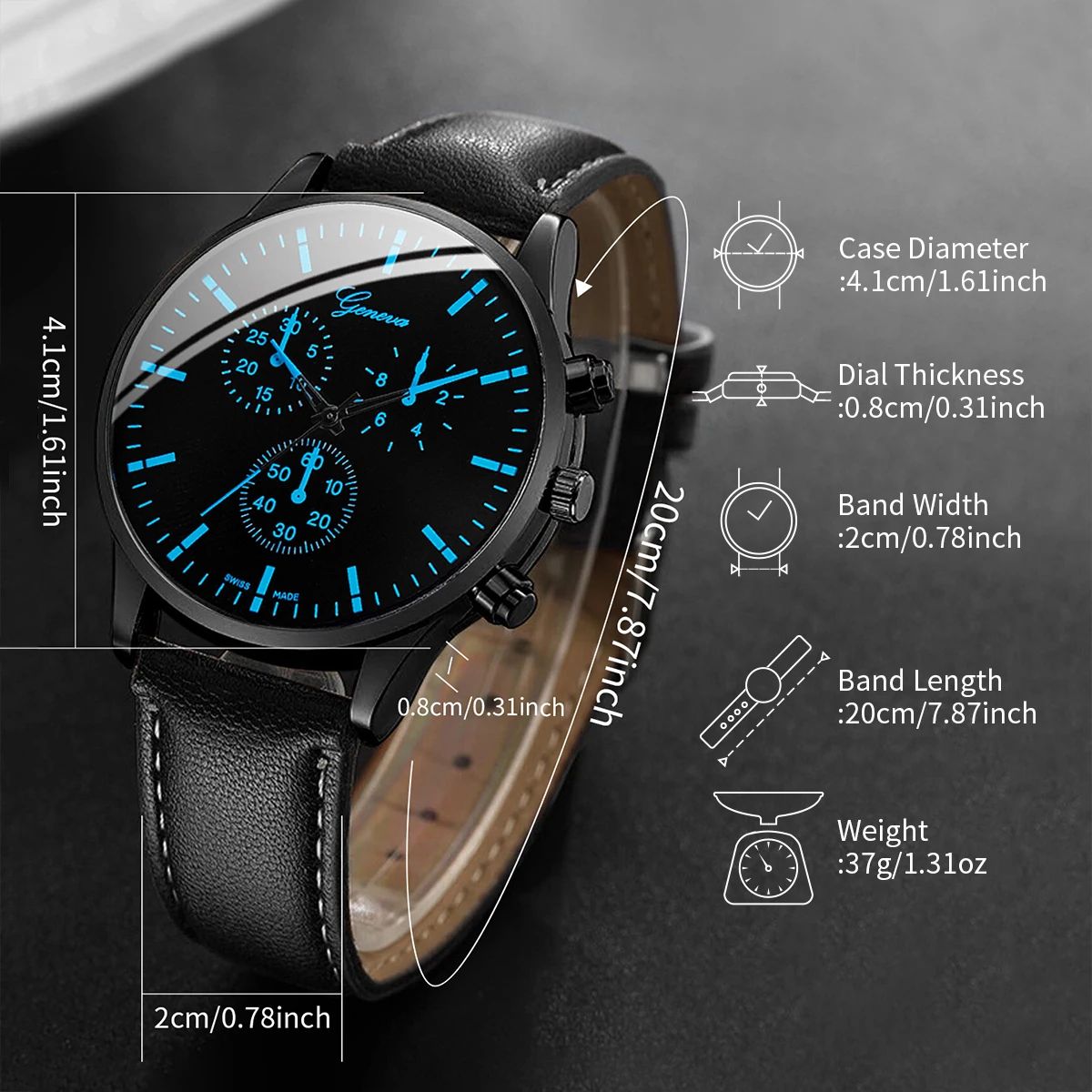 Mens Business Leather Watch Necklace Bracelet Set