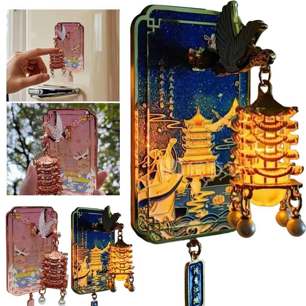 Unique Chinese Style LED Fridge Magnet, Light Up Metal Souvenir, Yellow Crane Tower with Cherry Blossom Gift