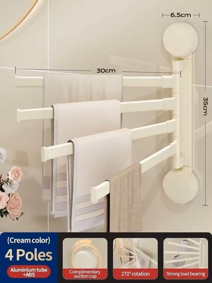 Rotating Suction-Cup Towel Rack No-Drill Wall-Mounted Bathroom & Kitchen Organizer