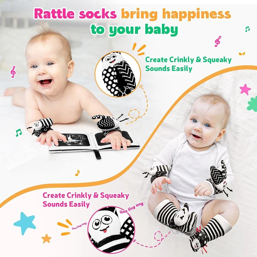 Black and White Sensory Infant Wrist Rattle and Foot Finder Set