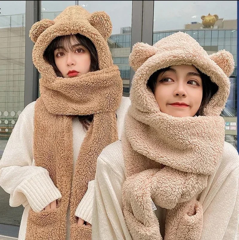 Women Winter Warm Bear Ear Hat, Casual Plush Beanies Cap Set, Fashion Cotton Velvet Hat Scarf for Cold Weather