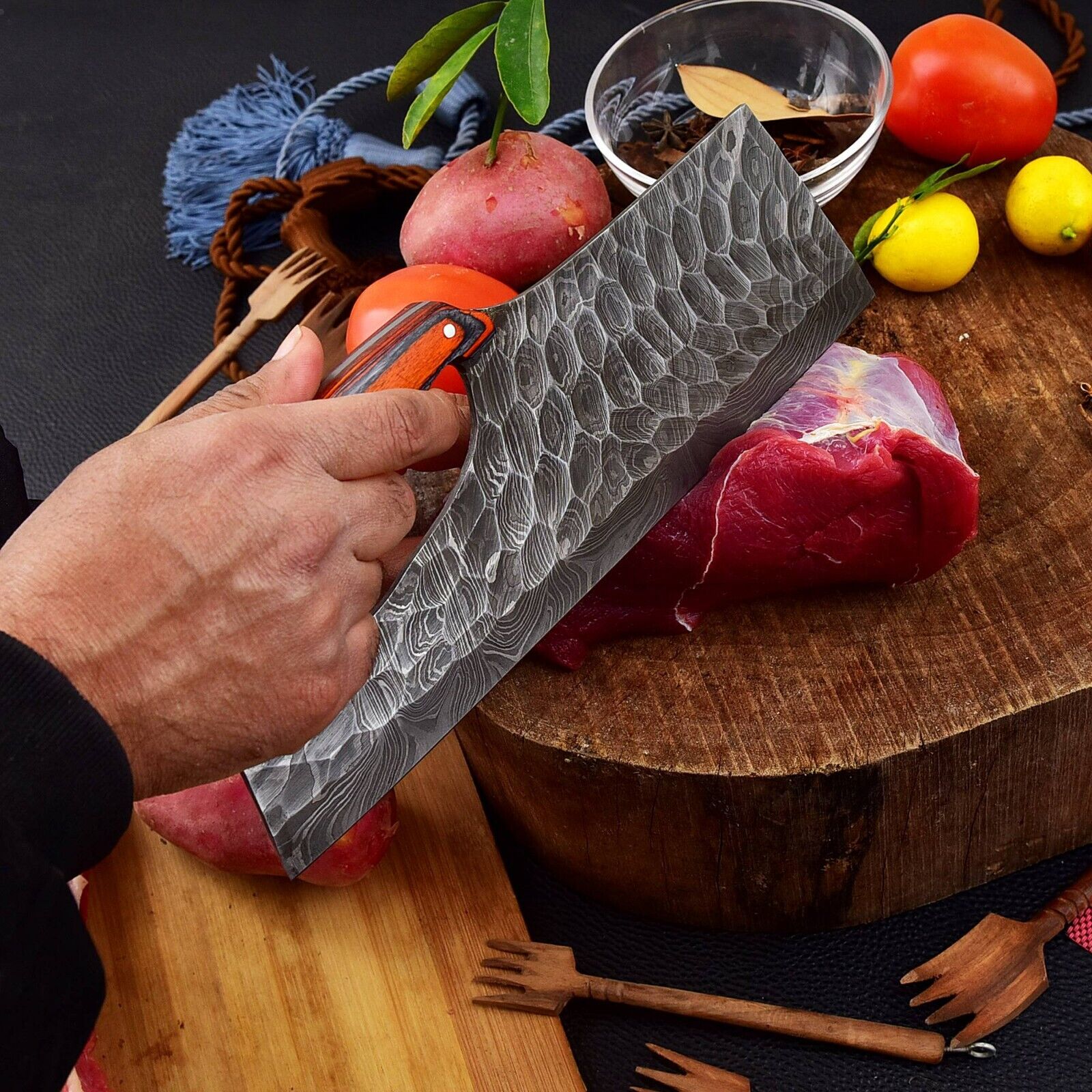 Custom Handmade Damascus Steel Chef Cleaver With Wood Handle & Leather Sheath