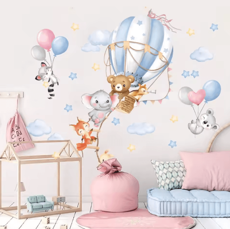 Large Hot Air Balloon Wall Sticker Animal Theme Nursery Wall Decal for Kids Room